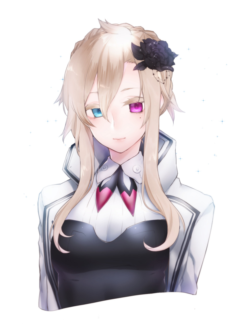 1girl black_flower blonde_hair blue_eyes braid character_request copyright_request cropped_arms cropped_torso flower french_braid hair_flower hair_ornament heart highres light_smile mole mole_under_eye purple_eyes sidelocks solo white_background yutazou