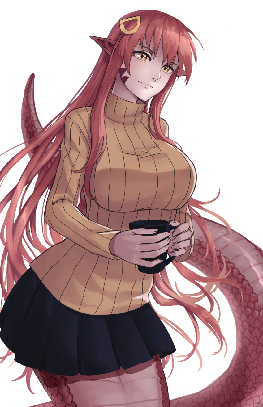 1girl absurdres black_skirt breasts closed_mouth cup hair_between_eyes hair_ornament hairclip highres holding holding_cup lamia large_breasts long_hair looking_at_viewer miia_(monster_musume) monster_girl monster_musume_no_iru_nichijou pointy_ears red_hair scales simple_background skirt slit_pupils solo sweater tail very_long_hair white_background yellow_eyes yellow_sweater zakirsiz