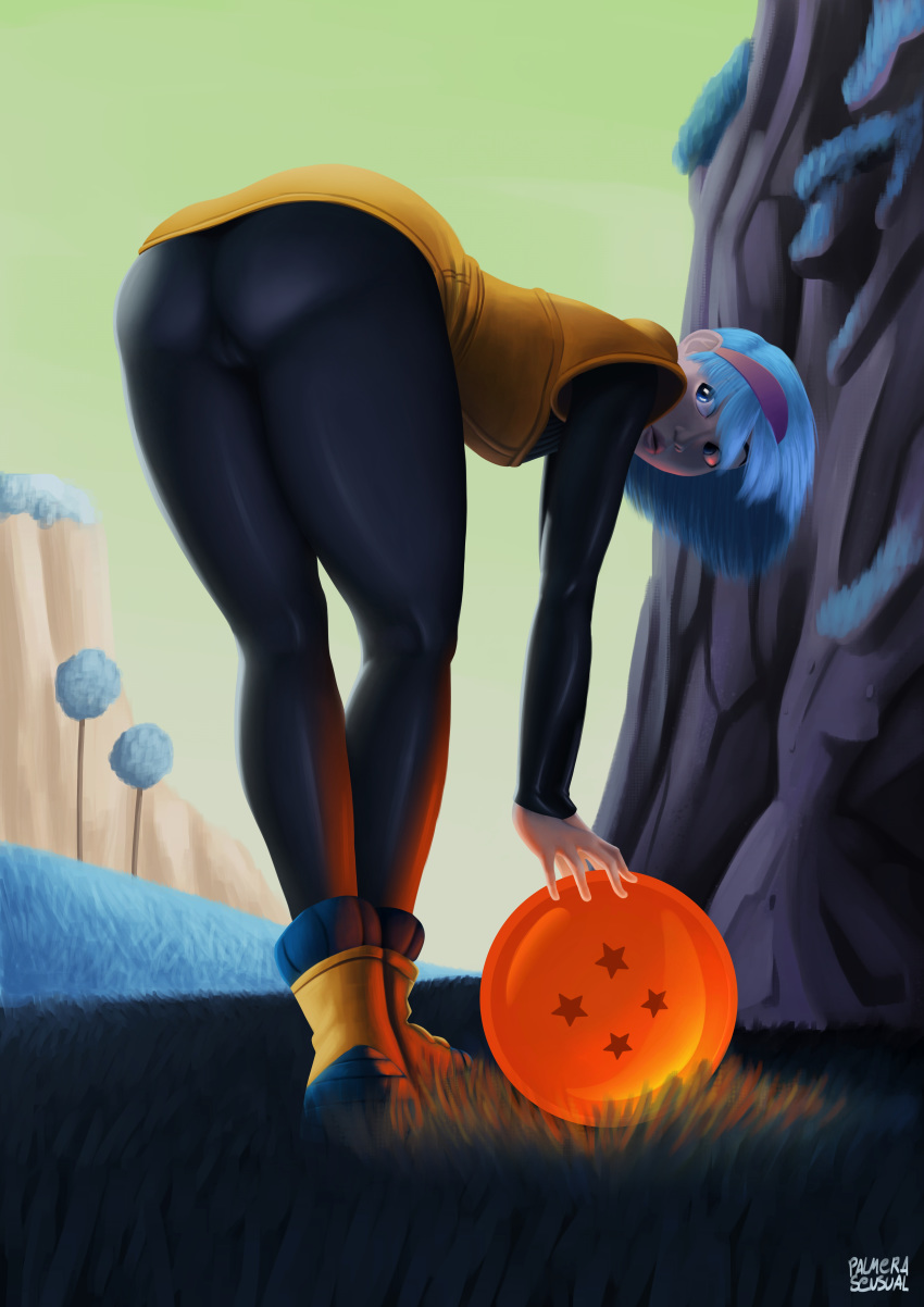 1girl absurdres ass bent_over blue_eyes blue_hair bodysuit boots breasts bulma coat dragon_ball dragonball_z from_behind hairband highres leaning_forward looking_back medium_breasts palmera_sensual short_hair sideboob solo standing