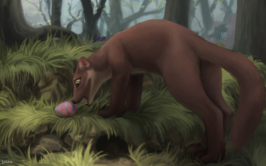 black_nose brown_fur day difetra easter_egg eyelashes fangs female feral forest fur grass mammal marten mustelid musteline open_mouth outside pine_marten solo tree yellow_eyes