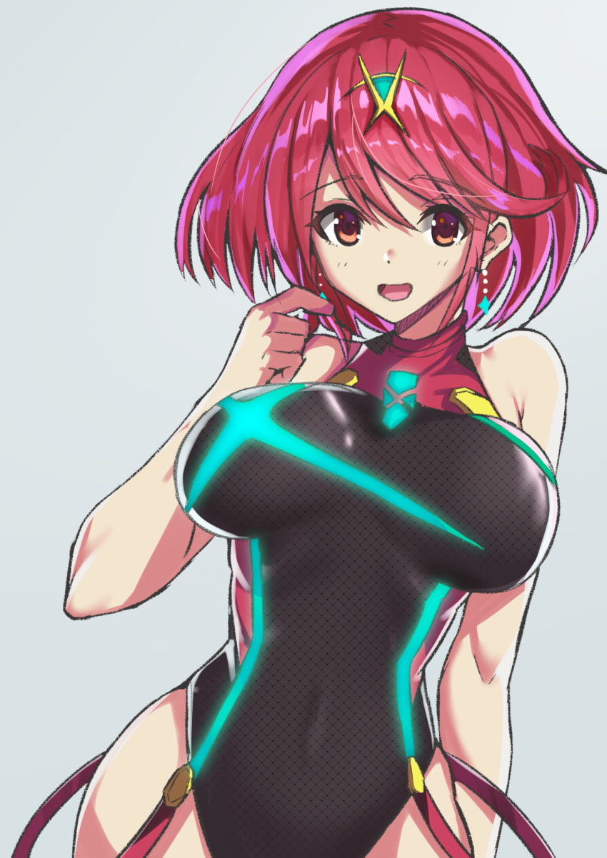1girl absurdres bare_shoulders breasts competition_swimsuit highres homura_(xenoblade_2) large_breasts looking_at_viewer nintendo one-piece_swimsuit open_mouth red_eyes red_hair short_hair smile solo swimsuit xenoblade xenoblade_(series) xenoblade_2