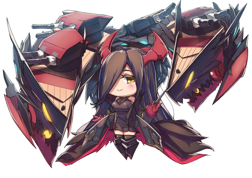 1girl absurdres azur_lane bare_shoulders baton_(instrument) black_hair black_legwear breasts chibi closed_mouth commentary_request friedrich_der_grosse_(azur_lane) gloves hair_over_one_eye highres holding horns karakushi long_hair looking_at_viewer machinery red_gloves red_horns rigging smile smug solo thighhighs very_long_hair yellow_eyes