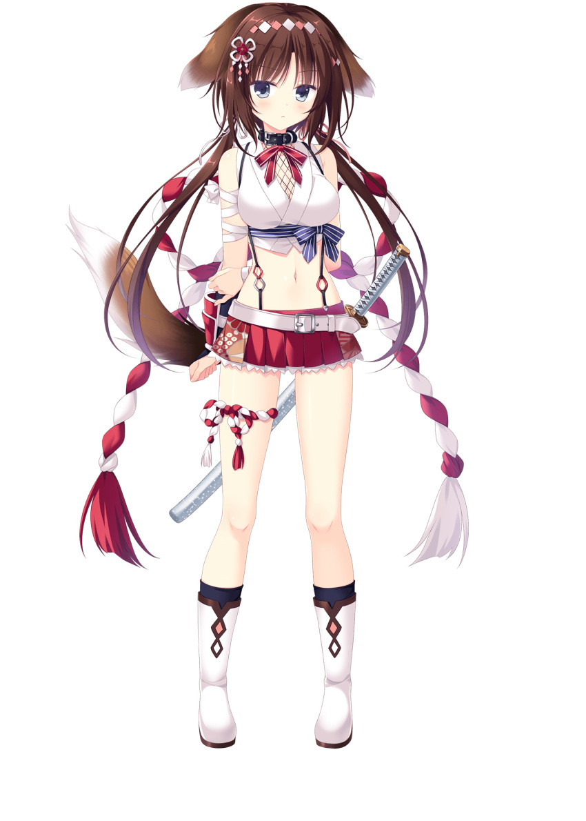 animal_ears cleavage inumimi japanese_clothes neko-nin_exheart_3 nekozuka_shino sword tail takano_yuki transparent_png whirlpool