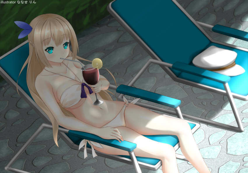 1girl absurdres alternate_costume artist_name beach_chair bikini blonde_hair blue_eyes breasts cleavage cobblestone collarbone cup day drinking drinking_glass drinking_straw dutch_angle eyebrows_visible_through_hair food fruit hair_ribbon highres jewelry large_breasts lemon lemon_slice lexington_(warship_girls_r) long_hair looking_at_viewer nanase_rin_(8021582) navel necklace outdoors reclining ribbon side-tie_bikini solo swimsuit very_long_hair warship_girls_r white_bikini