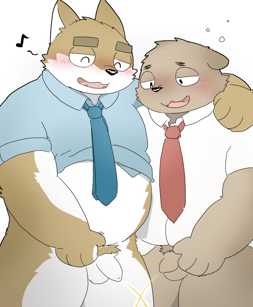 2016 anthro balls belly black_nose blush brown_fur canid canine canis clothing domestic_dog duo eyes_closed flaccid fur hug humanoid_hands humanoid_penis male male/male mammal navel necktie och5 overweight overweight_male peeing penis shirt simple_background topwear urine