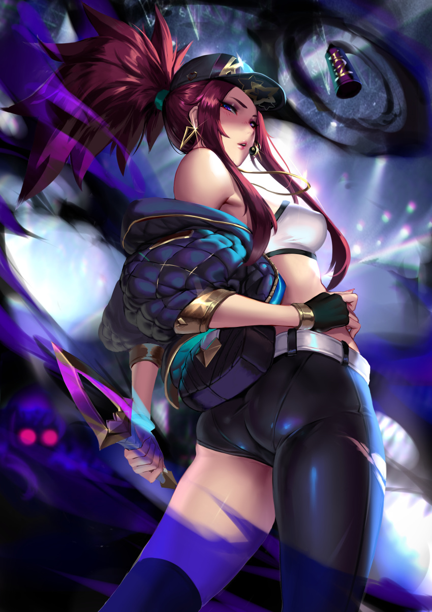 1girl absurdres akali ass bare_shoulders baseball_cap belt belt_pouch bikini black_pants bracelet breasts cian_yo cleavage crop_top dagger earrings fingerless_gloves fingernails from_behind gloves glowing glowing_eye hand_on_hip hat headset highres holding holding_weapon idol jacket jewelry k/da_(league_of_legends) k/da_akali league_of_legends lips long_hair looking_at_viewer looking_back medium_breasts nail_polish off_shoulder open_clothes open_jacket paid_reward pants parted_lips patreon_reward ponytail pouch purple_eyes purple_hair red_hair reverse_grip shiny shiny_hair shiny_skin sideboob sidelocks solo swimsuit thighs weapon white_belt yellow_eyes