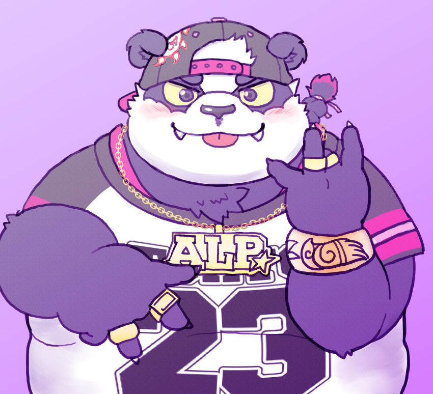 2019 alp_(tas) anthro belly black_nose blush clothing cute_fangs dysk3 english_text fur giant_panda hat male mammal overweight overweight_male purple_background purple_fur shirt simple_background solo text tokyo_afterschool_summoners tongue tongue_out topwear ursid video_games
