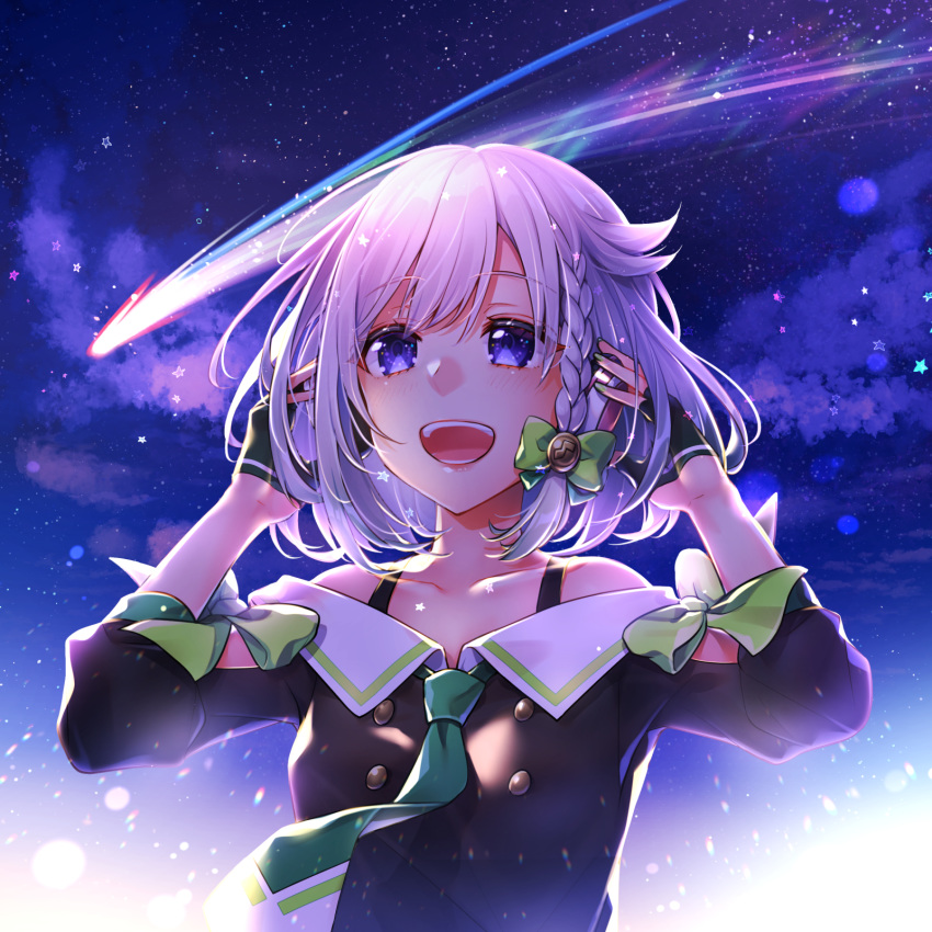 1girl :d arms_up bangs bare_shoulders black_gloves black_shirt blush bow bra_strap braid cloud collarbone eyebrows_visible_through_hair fingerless_gloves gloves green_bow green_neckwear half_gloves highres kitazume_kumie long_sleeves looking_afar looking_away necktie night night_sky off-shoulder_shirt off_shoulder open_mouth outdoors purple_eyes shirt shooting_star short_hair side_braid simple_background sky smile solo star upper_body virtual_youtuber yuni_(yuni_channel) yuni_channel