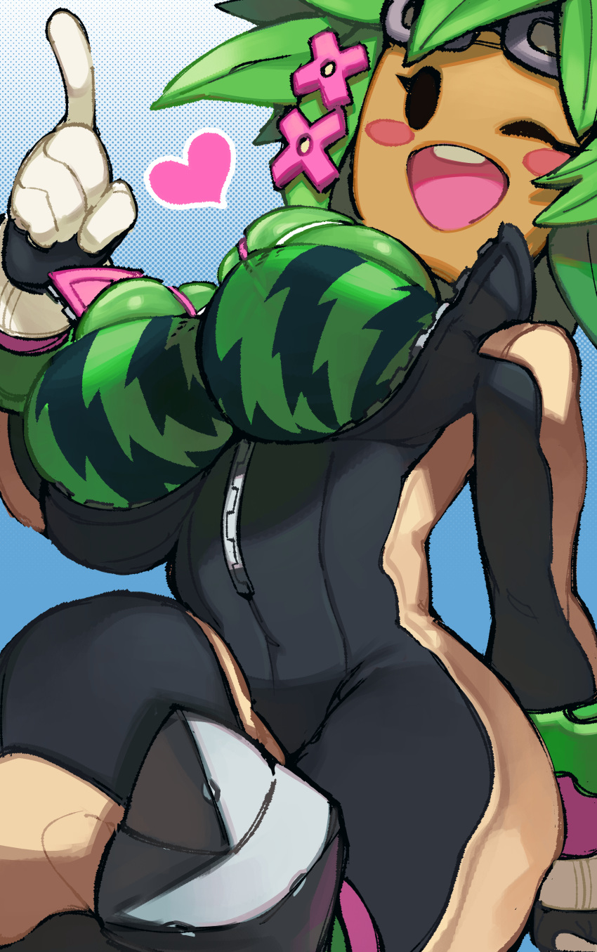 &lt;3 2019 5_fingers absurd_res biped black_eyes blaster_master blaster_master_zero_2 blush_sticker breasts buckteeth clothed clothing eyelashes female flora_fauna front_view glo-s-s gloves green_hair hair hi_res humanoid humanoid_hands kanna_(blaster_master) non-mammal_breasts one_eye_closed open_mouth open_smile pattern_background plant plant_humanoid pseudo_hair simple_background smile solo teeth wink