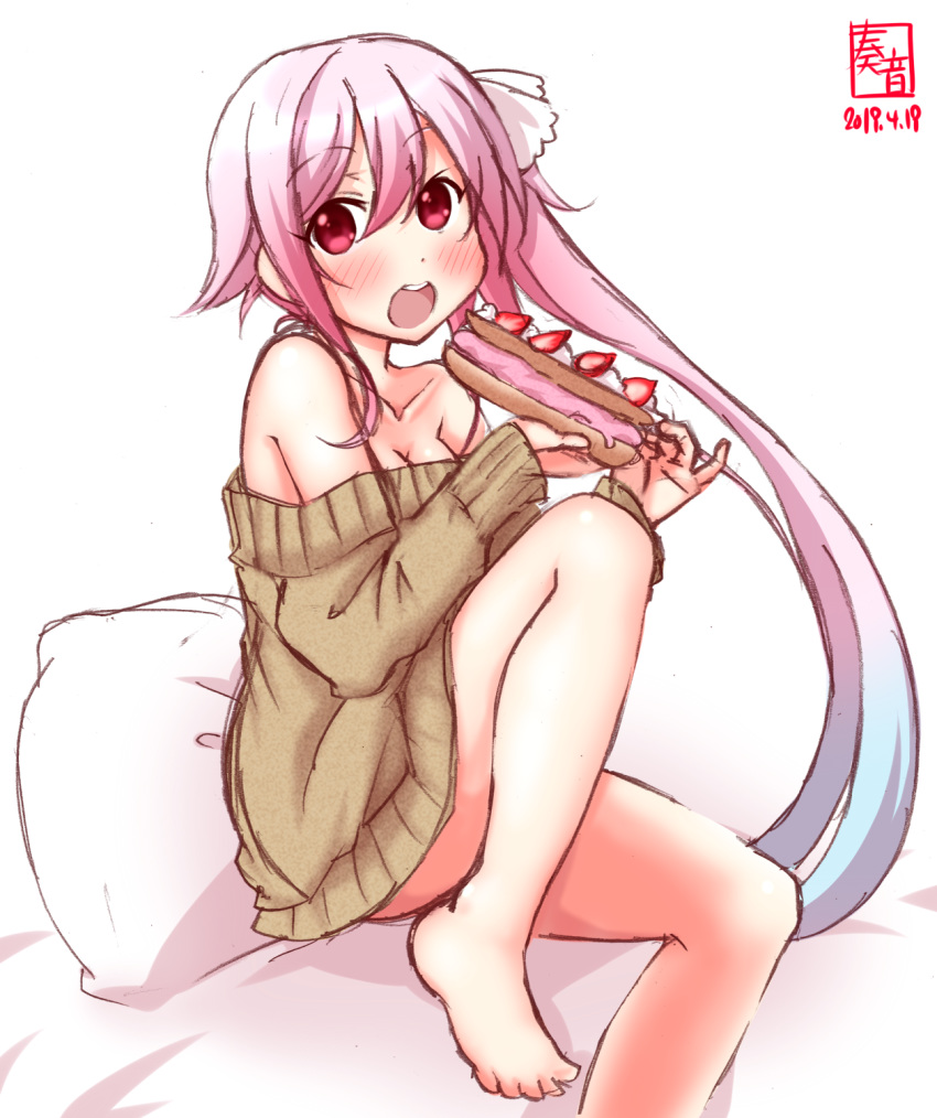 1girl alternate_costume artist_logo bare_shoulders barefoot bed beige_sweater breasts cleavage collarbone commentary_request cream_puff dated food hair_ribbon harusame_(kantai_collection) highres kanon_(kurogane_knights) kantai_collection medium_breasts open_mouth pillow pink_hair red_eyes ribbon round_teeth side_ponytail simple_background sitting solo teeth upper_teeth white_background
