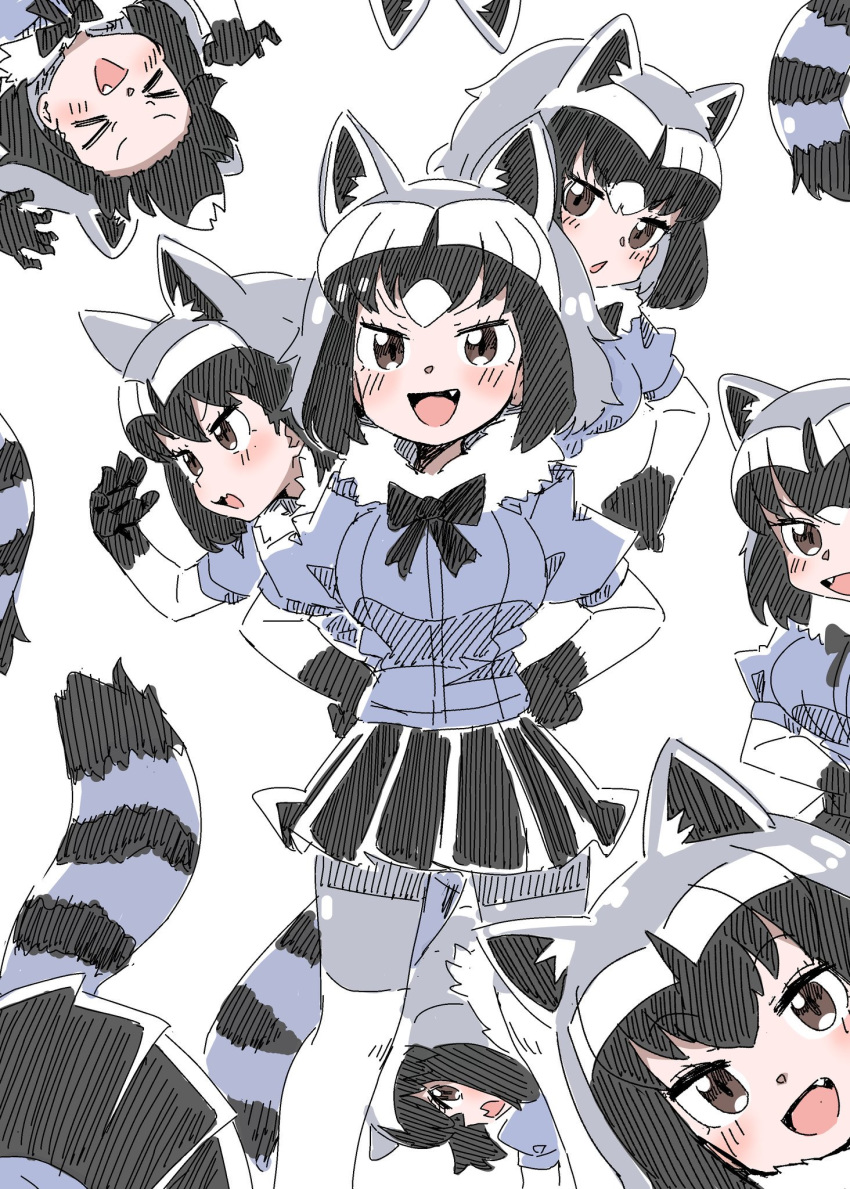 &gt;_&lt; 1girl :d animal_ear_fluff animal_ears black_hair black_skirt bow bowtie brown_eyes common_raccoon_(kemono_friends) extra_ears fang fur_collar grey_hair hands_on_hips highres inaba31415 kemono_friends looking_at_viewer multicolored_hair open_mouth puffy_short_sleeves puffy_sleeves raccoon_ears raccoon_tail short_hair short_sleeves simple_background skirt smile striped_tail tail white_background white_hair xd