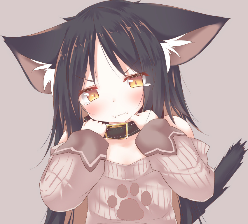 1girl absurdres animal_ear_fluff animal_ears bangs belt_collar black_collar black_hair blush brown_background brown_eyes brown_hair brown_sweater cat_ears cat_girl cat_tail closed_mouth collar commentary_request daidai_ookami eyebrows_visible_through_hair fangs fangs_out hands_up head_tilt highres long_sleeves multicolored_hair off-shoulder_sweater off_shoulder original parted_bangs print_sweater puffy_long_sleeves puffy_sleeves ribbed_sweater simple_background sleeves_past_wrists solo sweater tail tail_raised tears two-tone_hair upper_body v-shaped_eyebrows