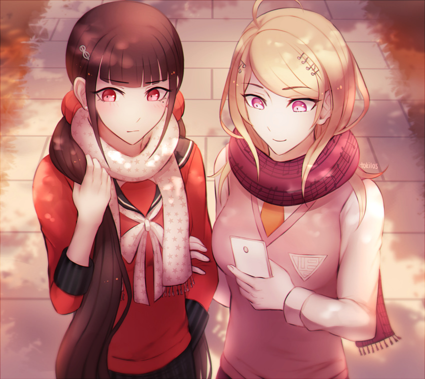 2girls ahoge akamatsu_kaede arm_grab bangs black_hair black_skirt blonde_hair blush breasts cellphone commentary danganronpa eighth_note english_commentary eyebrows_visible_through_hair hair_ornament harukawa_maki highres holding long_hair long_sleeves looking_at_viewer low_twintails medium_breasts mole mole_under_eye multiple_girls musical_note musical_note_hair_ornament necktie new_danganronpa_v3 outdoors phone purple_eyes red_eyes red_scrunchie scarf school_uniform scrunchie serafuku shirt skirt small_breasts smartphone smile solo star sweater_vest tokilos twintails very_long_hair yuri