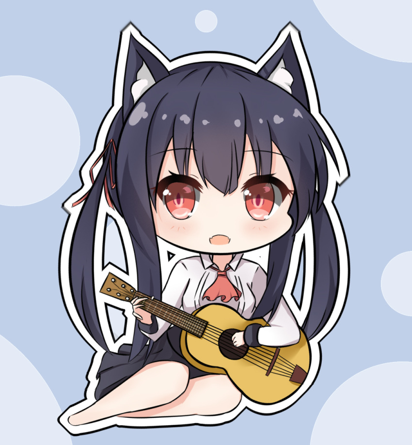 1girl :d animal_ear_fluff animal_ears ascot bangs barefoot black_hair black_skirt blue_background blush breasts cat_ears chibi chisuzu_mei collared_shirt commentary_request eyebrows_visible_through_hair fangs full_body guitar hair_between_eyes hair_ribbon holding holding_instrument instrument long_hair long_sleeves looking_at_viewer medium_breasts nagato-chan open_mouth outline paryi_project pleated_skirt red_eyes red_neckwear red_ribbon ribbon shirt sidelocks skirt smile solo twintails very_long_hair virtual_youtuber white_outline white_shirt