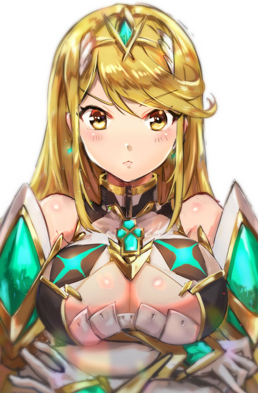1girl bangs bare_shoulders blonde_hair breasts cleavage cleavage_cutout closed_mouth earrings frown highres hikari_(xenoblade_2) jewelry large_breasts long_hair looking_at_viewer minmicut nintendo simple_background solo straight_hair swept_bangs tiara upper_body white_background xenoblade_(series) xenoblade_2 yellow_eyes