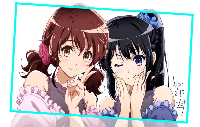 2girls ;) bangs bare_shoulders black_hair blue_border blush border braid brown_hair closed_mouth collarbone dated eyebrows_visible_through_hair flower french_braid frills hair_flower hair_ornament hair_scrunchie hand_up hands_on_own_cheeks hands_on_own_face hands_up hibike!_euphonium highres kousaka_reina long_hair looking_at_viewer low_twintails multiple_girls nii_manabu one_eye_closed oumae_kumiko ponytail purple_eyes purple_flower scrunchie simple_background smile tareme twintails upper_body v white_hair yellow_eyes