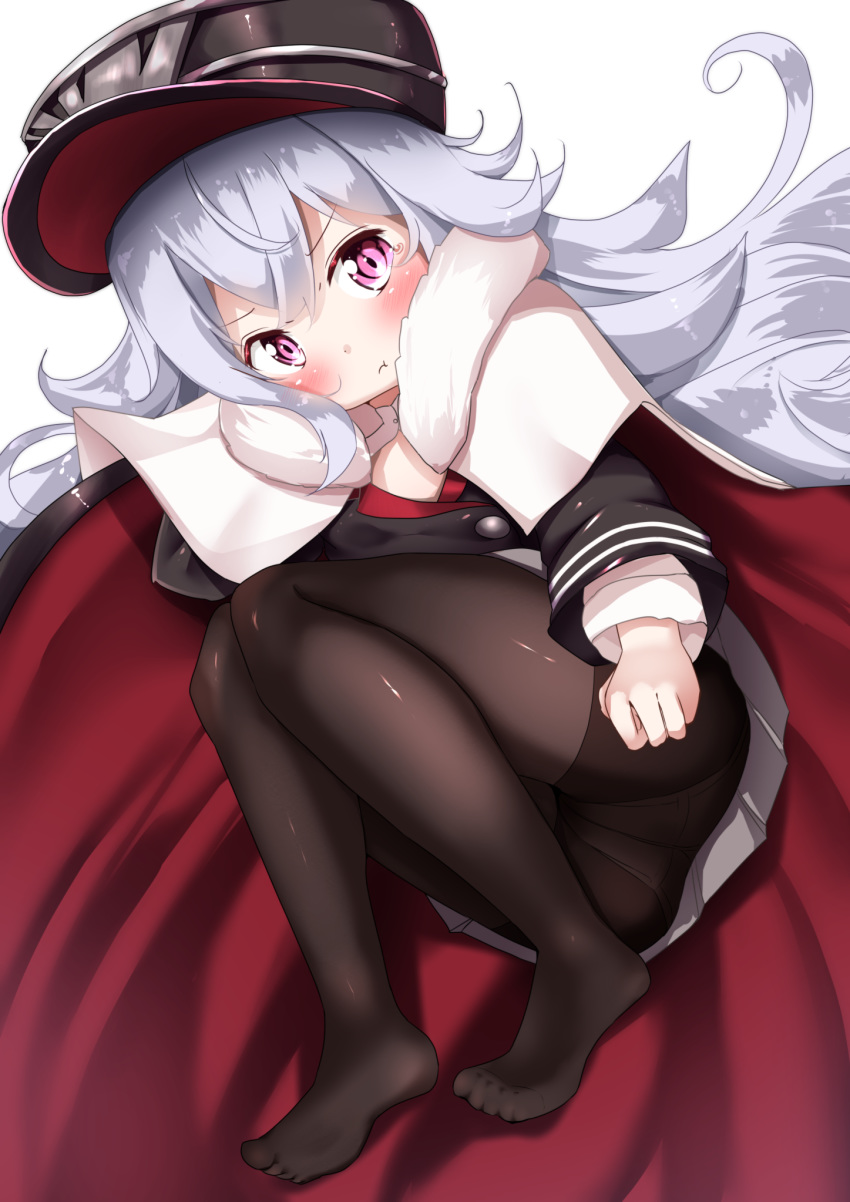 1girl :t ass azur_lane bangs black_headwear black_jacket black_legwear blush cape closed_mouth commentary_request eyebrows_visible_through_hair full_body fur-trimmed_cape fur_trim graf_zeppelin_(azur_lane) grey_skirt hair_between_eyes hat highres jacket long_hair long_sleeves looking_at_viewer lying military_hat mochiyuki multicolored multicolored_cape multicolored_clothes no_shoes on_side panties panties_under_pantyhose pantyhose peaked_cap pink_eyes pleated_skirt pout red_cape silver_hair simple_background skirt solo tears underwear very_long_hair white_background white_cape zeppelin-chan_(azur_lane)
