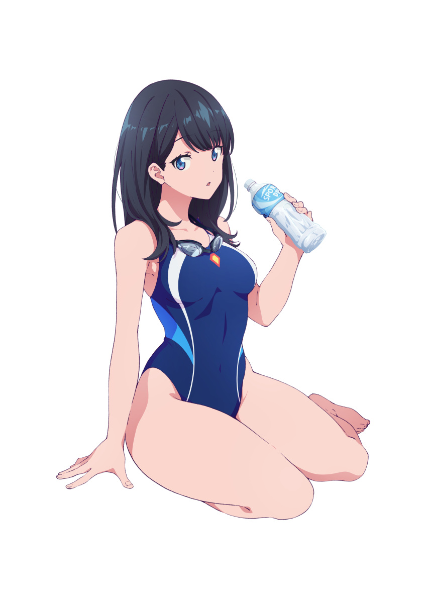 1girl absurdres barefoot black_hair blue_eyes breasts collarbone feet full_body highres long_hair looking_at_viewer medium_breasts official_art one-piece_swimsuit open_mouth sitting solo ssss.gridman swimsuit takarada_rikka thighs white_background