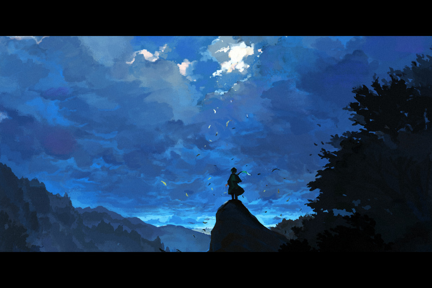 1other backlighting blue_sky blue_theme cloud cloudy_sky day facing_away forest from_behind kitsune_(kazenouta) leaf letterboxed long_sleeves mountain nature original outdoors scenery short_hair sky solo standing tree wide_shot wind