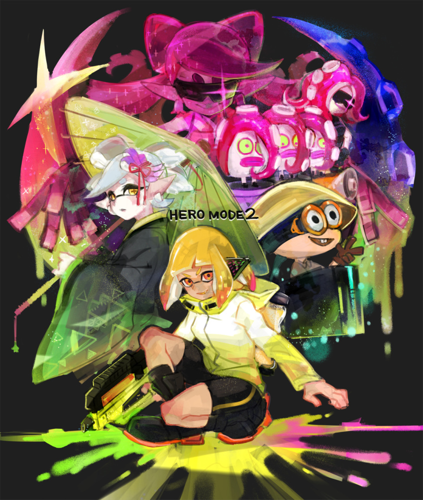 +_+ 1girl 4girls aori_(splatoon) bangs bike_shorts black_bikini_top black_footwear black_kimono black_shorts blonde_hair blunt_bangs boots bukichi_(splatoon) closed_mouth commentary domino_mask earrings english_text food furisode grey_hair hair_ornament hairband headgear hero_shot_(splatoon_2) highres holding holding_umbrella ink_tank_(splatoon) inkling jacket japanese_clothes jewelry kimono long_hair long_sleeves looking_at_viewer mask mimimi_(echonolog) multiple_girls octarian octotrooper one_knee open_mouth orange_eyes oriental_umbrella paint_splatter parted_lips pointy_ears red_hairband short_hair shorts single_vertical_stripe sitting smile solo sparkle splatoon splatoon_(series) splatoon_2 squidbeak_splatoon suction_cups sunglasses tako-san_wiener takozonesu tentacle_hair umbrella v-shaped_eyebrows wide_sleeves yellow_eyes yellow_jacket