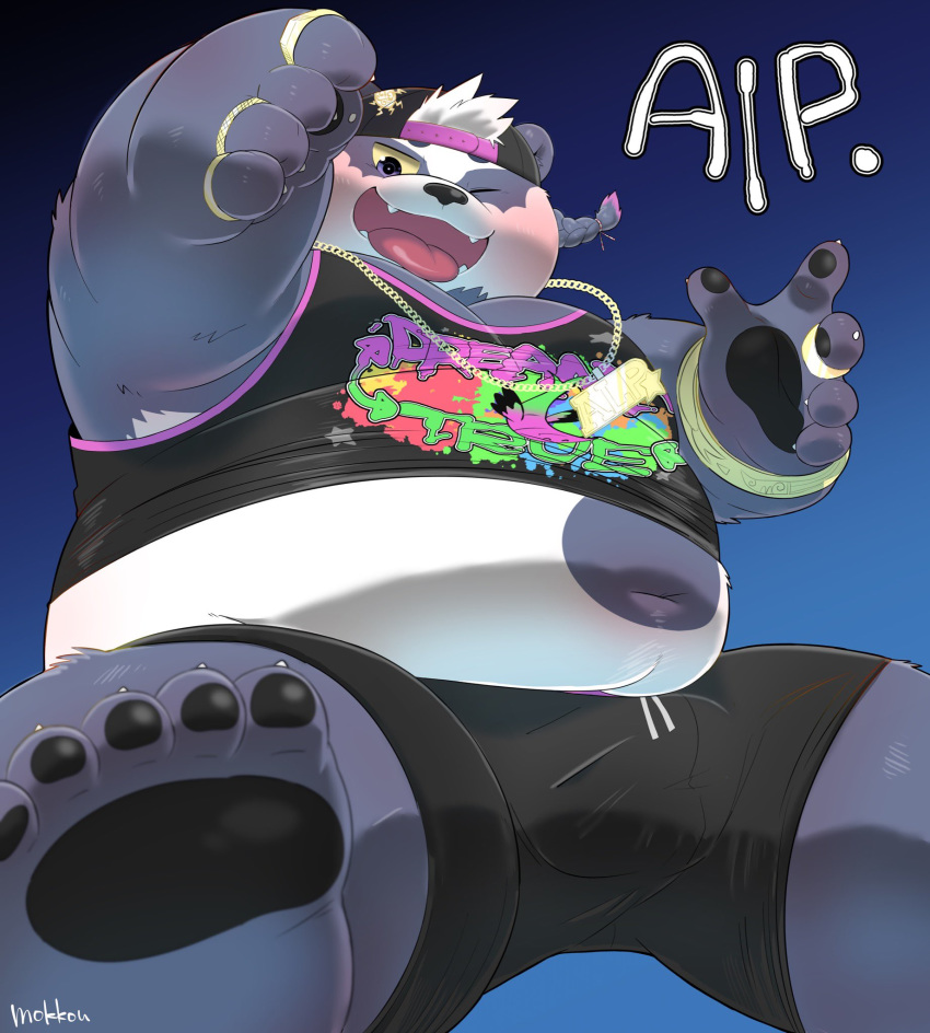 2019 alp_(tas) anthro belly blush bulge clothing cute_fangs english_text fur giant_panda hat headgear headwear hi_res male mammal navel one_eye_closed overweight overweight_male purple_fur shirt shorts simple_background solo text tokyo_afterschool_summoners tongue tongue_out topwear uokkom ursid video_games wink