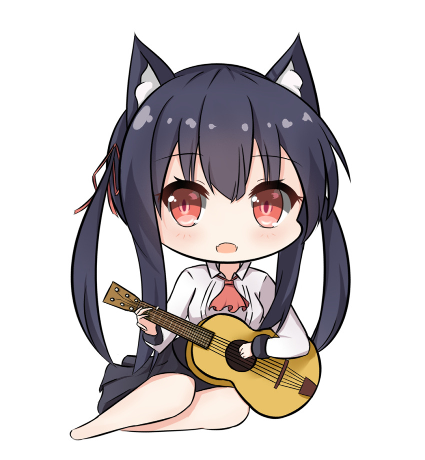 1girl :d animal_ear_fluff animal_ears ascot bangs barefoot black_hair black_skirt blush breasts cat_ears chibi chisuzu_mei collared_shirt eyebrows_visible_through_hair fangs full_body guitar hair_between_eyes hair_ribbon holding holding_instrument instrument long_hair long_sleeves looking_at_viewer medium_breasts nagato-chan open_mouth paryi_project pleated_skirt red_eyes red_neckwear red_ribbon ribbon shirt sidelocks simple_background skirt smile solo twintails very_long_hair virtual_youtuber white_background white_shirt