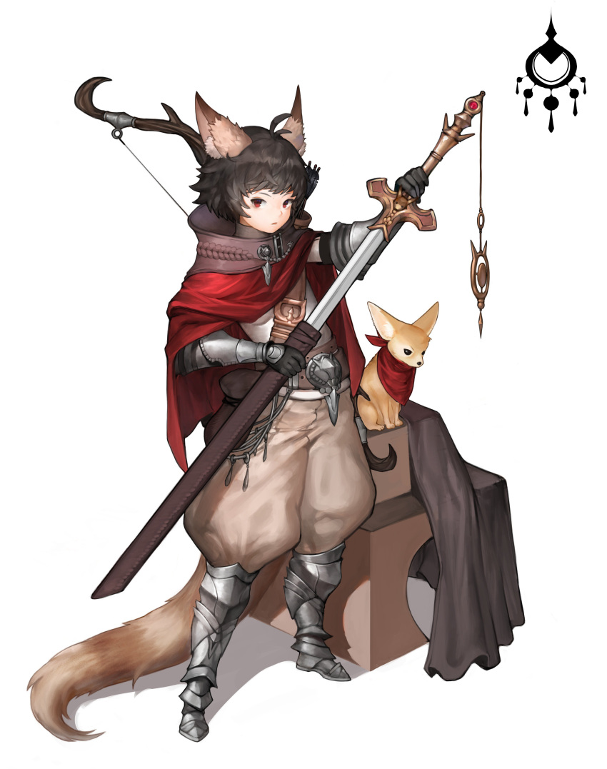1boy absurdres ahoge animal animal_ear_fluff animal_ears animal_request armored_boots armored_gloves arrow baggy_pants bandolier belt belt_pouch black_hair boots bow_(weapon) cape collared_cape commentary_request greaves highres holding holding_sword holding_weapon korean_commentary looking_at_viewer loveoen12 original pants pouch quiver red_cape red_eyes red_scarf scarf sheath short_hair simple_background standing sword tail unsheathing vambraces weapon white_background