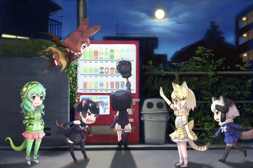 2015 4_fingers absolute_territory angry animal_humanoid apartment apron armwear bare_shoulders beverage biped black_bottomwear black_clothing black_ears black_eyes black_hair black_tail black_topwear blonde_hair blue_bottomwear blue_clothing blue_topwear boomslang_(kemono_friends) boots bottomwear bow breasts brown_ears brown_eyes brown_hair brown_long-eared_bat_(kemono_friends) brown_stripes brown_tail building canid canid_humanoid canine canine_humanoid cape chibi chiropteran chiropteran_humanoid clothed clothing cloud dasyuromorph dasyuromorph_humanoid davey_(kemono_friends) digital_drawing_(artwork) digital_media_(artwork) dipstick_ears dipstick_tail elbow_gloves fangs felid felid_humanoid feline feline_humanoid female fence fist flat_chested flying footwear frown full_moon fully_clothed fur fur_tuft gesture gloves grass green_clothing green_hair green_tail green_topwear group hair hands_in_pockets happy holding_object hoodie humanoid kemono_friends leaning leaning_forward legwear light light_skin lighting long_hair long_tail looking_at_another mammal marsupial marsupial_humanoid mary_janes membranous_wings moon moonlight multicolored_hair multicolored_tail neck_tuft night noseless open_frown open_mouth open_smile orange_eyes outside pepsi pink_bottomwear pink_clothing pink_hair plant pleated_skirt pockets pole raccoon_dog_(kemono_friends) raised_arm raised_leg reptile reptile_humanoid round_tail sand_cat_(kemono_friends) sand_cat_humanoid scalie scalie_humanoid school_uniform shadow shigmoel shirt shoes short_hair shorts shrub sidewalk skirt sky slice_of_life small_breasts small_tail smile snake_humanoid socks soda soda_bottle standing striped_tail stripes sun_bear_(kemono_friends) suspended_in_midair tan_skin tanuki_humanoid tasmanian_devil_humanoid teeth thigh_socks tights topwear trash_can tuft two_tone_ears two_tone_hair two_tone_tail uniform ursid ursid_humanoid vending_machine walking waving white_bottomwear white_clothing white_hair white_topwear wings yelling yellow_bottomwear yellow_clothing yellow_ears yellow_eyes yellow_tail