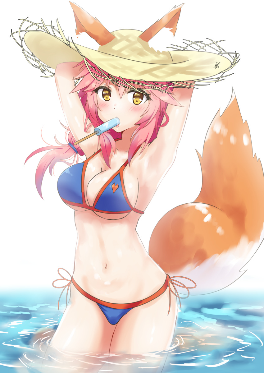 1girl absurdres animal_ear_fluff animal_ears arms_behind_head arms_up bikini blue_bikini breasts cleavage collarbone ears_through_headwear fate/grand_order fate_(series) food food_in_mouth fox_ears fox_girl fox_tail gouka hat highres ice in_water large_breasts looking_at_viewer navel ocean open_mouth outdoors pink_hair saliva side-tie_bikini solo straw_hat swimsuit tail tamamo_(fate)_(all) tamamo_no_mae_(swimsuit_lancer)_(fate) yellow_eyes