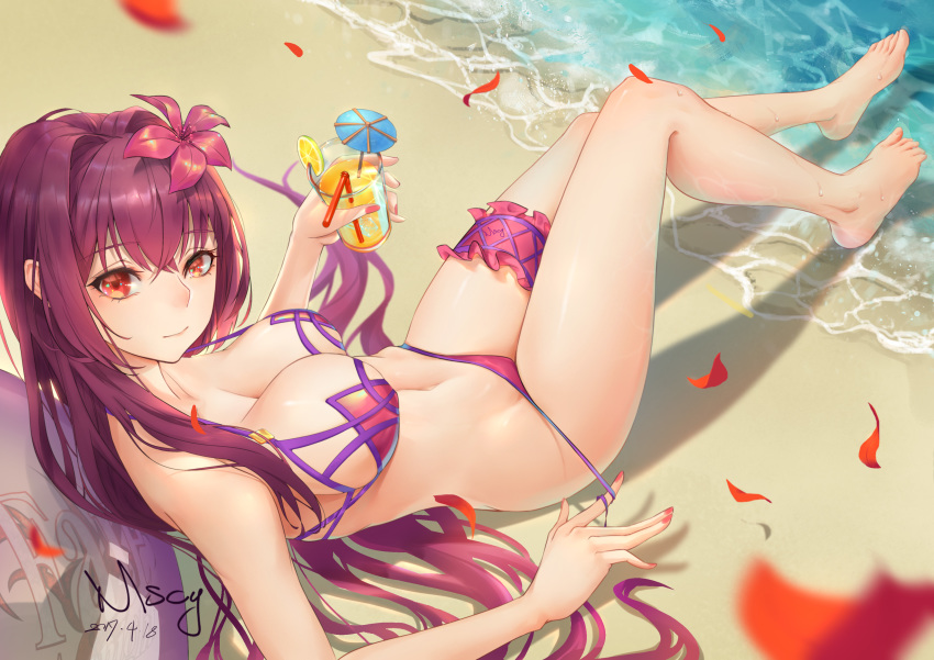barefoot beach bikini drink fate/grand_order fate_(series) flowers jpeg_artifacts navel purple_hair red_eyes scathach_(fate/grand_order) swimsuit tagme_(artist) water