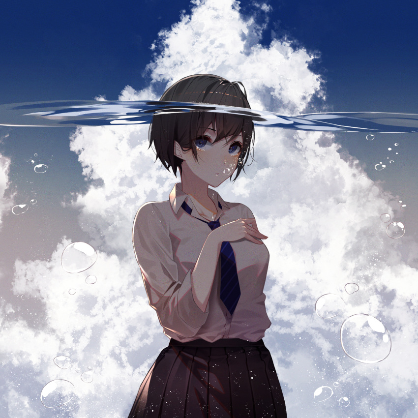 1girl air_bubble bangs black_hair black_skirt blue_eyes blue_neckwear blush breasts bubble cloud cloudy_sky collared_shirt cowboy_shot day dress_shirt eyebrows_visible_through_hair hand_on_own_chest highres kisui_(user_wswf3235) long_sleeves looking_at_viewer medium_breasts necktie original parted_lips pleated_skirt school_swimsuit shirt short_hair skirt sky solo striped striped_neckwear submerged swimsuit tearing_up tears underwater water_surface white_shirt wing_collar