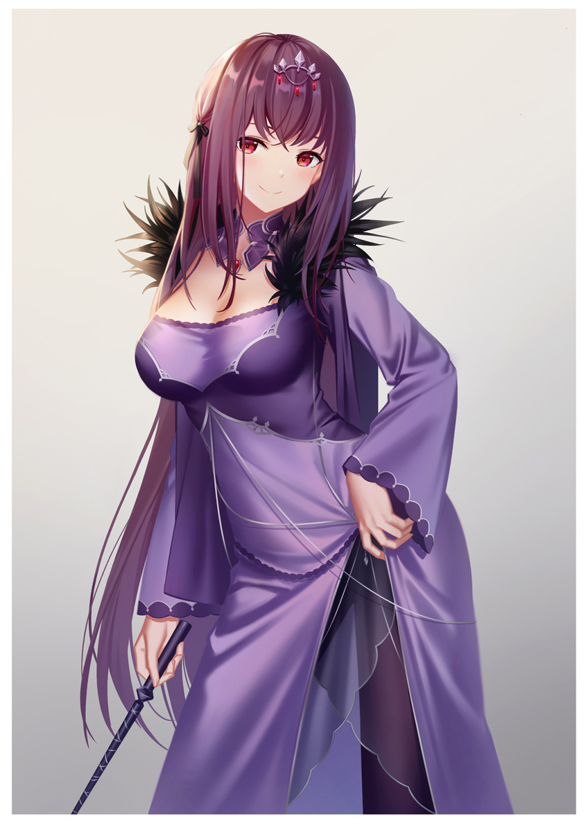 1girl bangs blush border breasts cleavage closed_mouth commentary_request contrapposto cowboy_shot detached_collar dress fate/grand_order fate_(series) fur-trimmed_dress gem gradient gradient_background grey_background hair_ornament head_tilt highres holding littleamber long_hair long_sleeves looking_at_viewer medium_breasts pantyhose pointer purple_background purple_dress purple_hair red_eyes scathach_(fate)_(all) scathach_skadi_(fate/grand_order) smile solo very_long_hair white_border