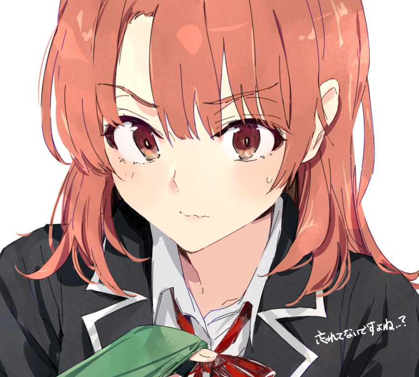 1girl black_jacket close-up eyebrows_visible_through_hair highres isshiki_iroha jacket looking_at_viewer necktie ponkan_8 red_eyes red_hair school_uniform short_hair simple_background solo translation_request wavy_mouth white_background yahari_ore_no_seishun_lovecome_wa_machigatteiru.