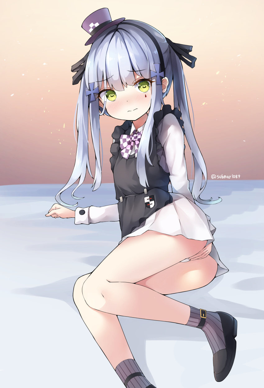 1girl absurdres apron bangs bed_sheet black_apron black_footwear black_hairband black_ribbon blush closed_mouth commentary covering covering_ass eyebrows_visible_through_hair facial_mark frilled_apron frills girls_frontline green_eyes grey_legwear hair_between_eyes hair_ornament hair_ribbon hairband hat highres hk416_(girls_frontline) long_hair long_sleeves looking_at_viewer mini_hat nose_blush panties pleated_skirt purple_headwear ribbed_legwear ribbon shirt shoes silver_hair skirt sobmarine socks solo tilted_headwear twintails underwear very_long_hair white_panties white_shirt white_skirt