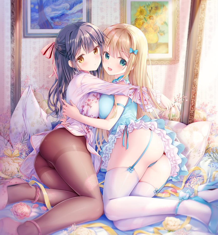 2girls :d armband ass bangs black_hair blonde_hair blue_bow blue_dress blue_footwear blue_panties blush bow breast_press breasts brown_eyes brown_legwear china_dress chinese_clothes closed_mouth day dress eyebrows_visible_through_hair floral_print flower frilled_dress frills garter_straps green_eyes hair_bow high_heels highres holding hug indoors large_breasts light_brown_hair long_hair long_sleeves looking_at_viewer medium_breasts multiple_girls on_bed open_mouth original painting_(object) panties pantyhose petals photo_(object) picture_frame pillow pink_background pink_footwear print_dress purple_hair red_flower red_rose ribbon rose shoes short_dress sidelocks smile sousouman symmetrical_docking thighband_pantyhose thighhighs underwear very_long_hair white_dress white_legwear yellow_flower yellow_ribbon yellow_rose