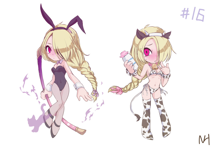 1girl absurdres animal_print bikini blonde_hair blush braid bunny_tail bunnysuit cow_print dark_skin hair_over_one_eye highres long_hair looking_at_viewer navel nintendo red_eyes sheik simple_background super_smash_bros. supure647 surcoat swimsuit tail the_legend_of_zelda the_legend_of_zelda:_ocarina_of_time turban