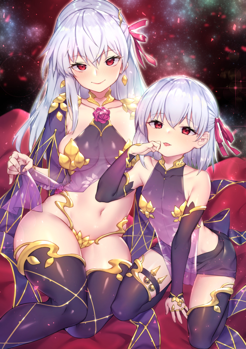 2girls absurdres armor babydoll bangs bare_shoulders bikini_armor blush breasts cleavage closed_mouth detached_sleeves dress dual_persona earrings fate/grand_order fate_(series) flower hair_ribbon highres jewelry kama_(fate/grand_order) large_breasts long_hair looking_at_viewer multiple_girls navel parted_lips petals purple_dress red_eyes ribbon ring shennai_misha short_hair silver_hair small_breasts smile thighhighs thighs tongue tongue_out