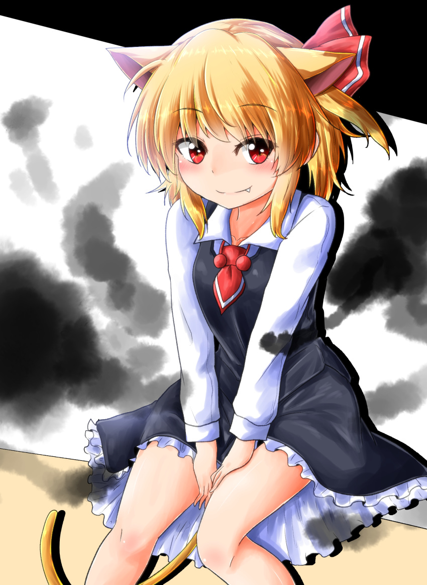 1girl animal_ears ascot bangs black_skirt black_vest blonde_hair blush cat_ears cat_tail collarbone commentary_request darkness eyebrows_visible_through_hair fang_out feet_out_of_frame hair_ribbon highres kemonomimi_mode long_sleeves looking_at_viewer miniskirt oshiaki petticoat red_eyes red_neckwear red_ribbon ribbon rumia shirt short_hair sitting skirt smile solo tail thighs touhou vest white_background white_shirt