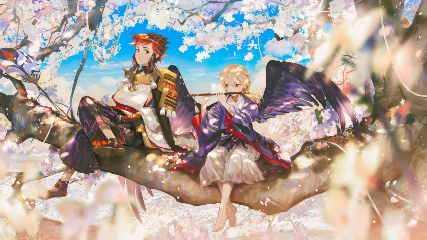 2boys armor barefoot bird_wings black_hakama black_wings blonde_hair blue_eyes blue_sky blurry blurry_foreground brown_hair cherry_blossoms daitengu_(onmyoji) dappled_sunlight day depth_of_field fan flower flute hakama highres in_tree instrument japanese_armor japanese_clothes kariginu katana kimono legs_crossed long_hair long_sleeves male_focus minamoto_no_hiromasa multicolored_hair multiple_boys music onmyoji outdoors playing_instrument red_eyes red_hair say_hana shoes shoulder_armor sitting sitting_in_tree sky smile sode sunlight sword tassel tengu tree two-tone_hair weapon white_hakama wide_sleeves wings