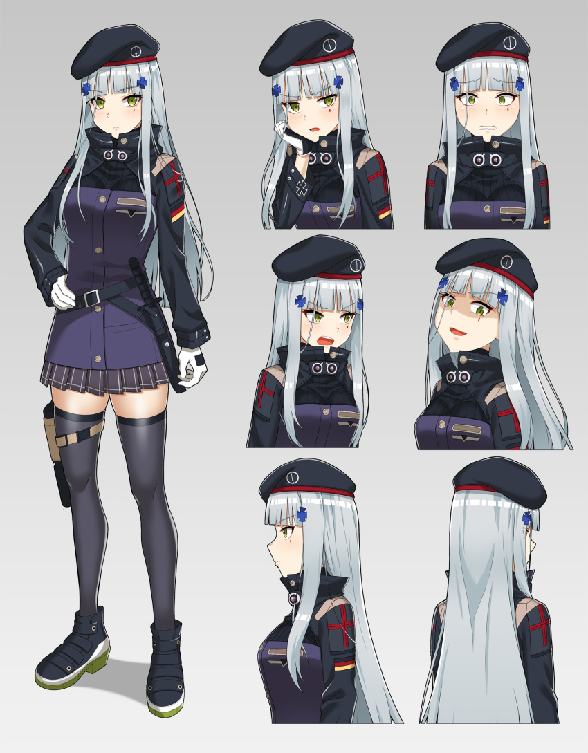 1girl absurdres bangs beret black_legwear blunt_bangs blush boots breasts clenched_teeth closed_mouth clothes_writing combat_knife expressionless expressions eyebrows_visible_through_hair facial_mark full_body german_flag girls_frontline gloves green_eyes gun h&amp;k_usp hair_ornament hand_on_hip hand_on_own_cheek handgun hat highres hk416_(girls_frontline) holster holstered_weapon jacket knife long_hair looking_at_viewer looking_away medium_breasts multiple_views open_mouth plaid plaid_skirt s-goon shaded_face silver_hair simple_background skirt teardrop teeth thigh_holster thighhighs very_long_hair weapon yandere