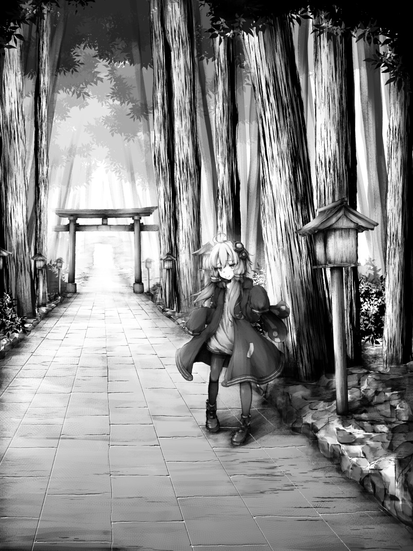 1girl absurdres ahoge commentary full_body greyscale hair_ornament highres jacket lantern looking_at_viewer monochrome outdoors road sasasa_(nashi) short_hair_with_long_locks sleeves_past_fingers sleeves_past_wrists smile torii tree vocaloid voiceroid wooden_lantern yuzuki_yukari