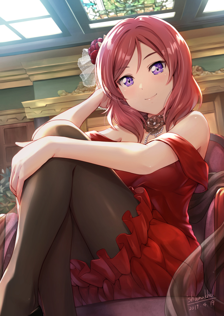 1girl bangs bare_shoulders black_legwear blush breasts chair dated dress eyebrows_visible_through_hair flower hair_flower hair_ornament highres jewelry leg_hug legs_crossed lips looking_at_viewer love_live! love_live!_school_idol_project medium_breasts medium_hair necklace nishikino_maki pantyhose purple_eyes red_dress red_hair shamakho shawl shiny shiny_hair signature sitting skylight smile solo strapless strapless_dress swept_bangs