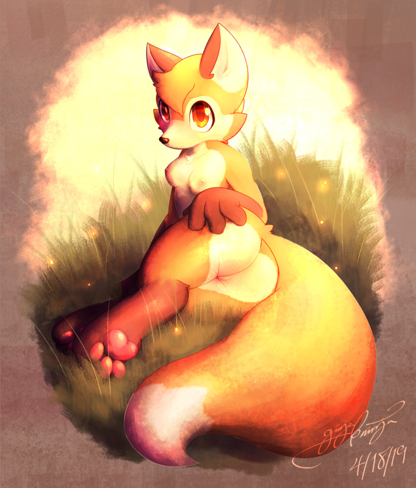 2019 3_toes anthro blush breasts butt canid canine digital_drawing_(artwork) digital_media_(artwork) ears_up female fluffy fox fur gingy_k_fox grass hand_on_butt hi_res looking_back mammal multicolored_fur nipples nude outside pussy sitting solo toes