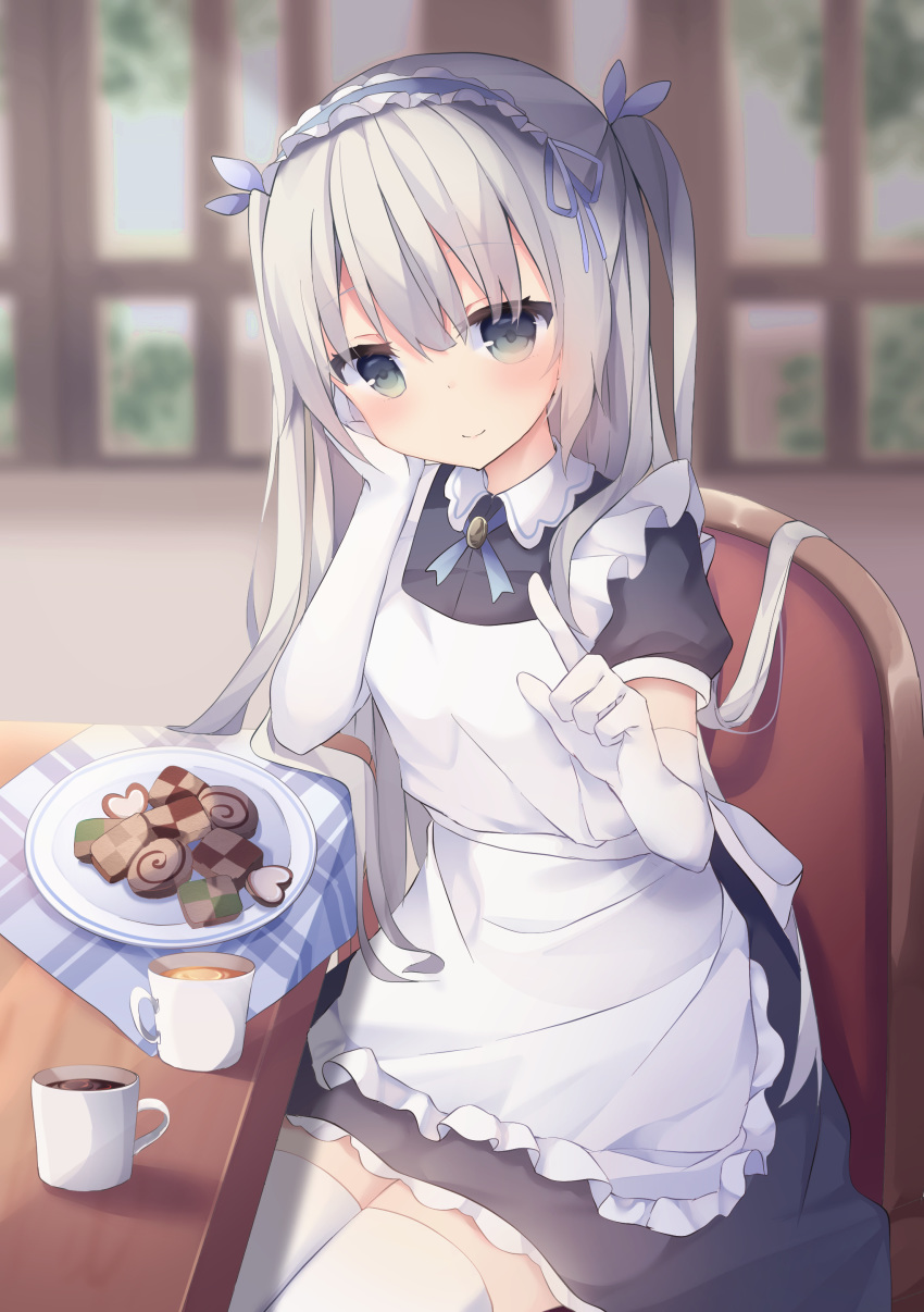 1girl absurdres apron arm_support black_dress blue_hairband blue_ribbon blurry blurry_background blush breasts chair checkerboard_cookie closed_mouth collared_dress commentary_request cookie cup depth_of_field dress elbow_gloves food frilled_apron frilled_hairband frills gloves hair_ribbon hairband head_tilt heart highres index_finger_raised indoors long_hair maid maid_apron mug on_chair original plaid puffy_short_sleeves puffy_sleeves ribbon short_sleeves silver_hair sitting small_breasts smile solo table tablecloth thighhighs tsuruse very_long_hair white_apron white_gloves white_legwear window
