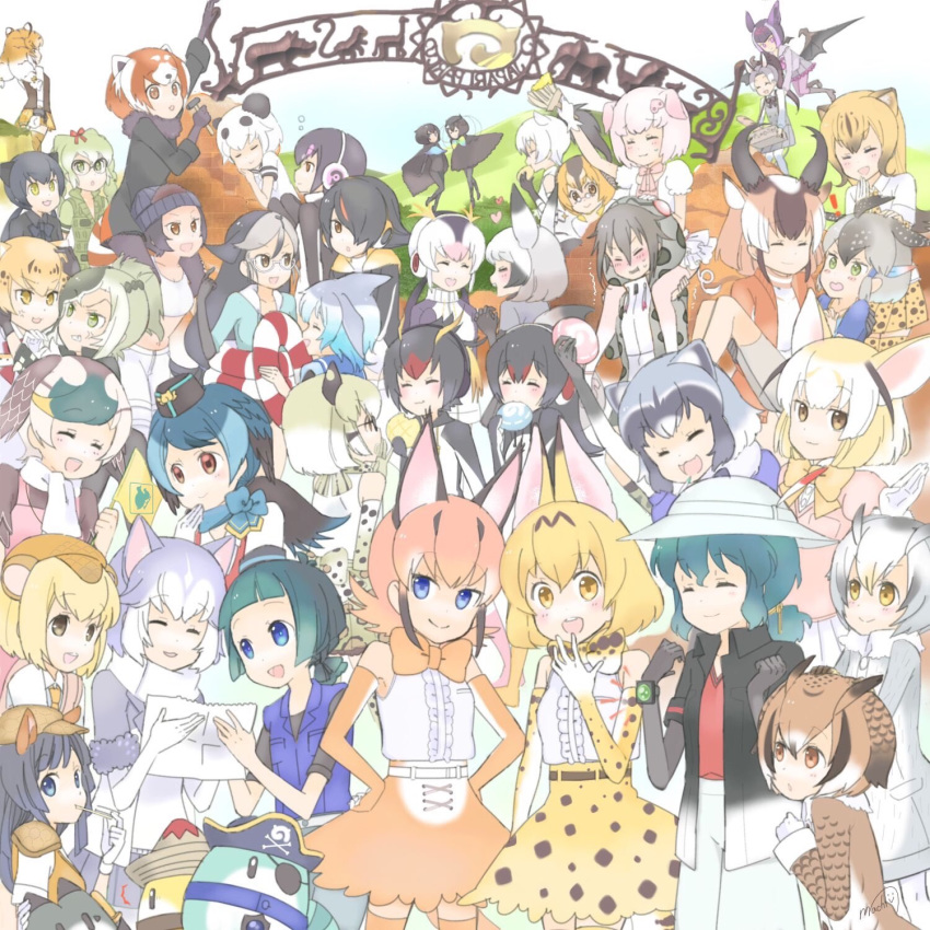 1girl 6+girls :d ^_^ aardwolf_(kemono_friends) animal_ears armadillo_ears bangs bat-eared_fox_(kemono_friends) bat_wings black_hair black_leopard_(kemono_friends) blonde_hair blue_eyes blue_hair blunt_bangs brown_eyes california_sea_lion_(kemono_friends) caracal_(kemono_friends) caracal_ears carrying cheetah_(kemono_friends) cheetah_ears closed_eyes commentary common_bottlenose_dolphin_(kemono_friends) common_raccoon_(kemono_friends) common_vampire_bat_(kemono_friends) dog_(mixed_breed)_(kemono_friends) dog_ears donkey_(kemono_friends) elbow_gloves emperor_penguin_(kemono_friends) eurasian_eagle_owl_(kemono_friends) everyone eyes_closed fennec_(kemono_friends) flag food fox_ears gentoo_penguin_(kemono_friends) giant_armadillo_(kemono_friends) giant_panda_(kemono_friends) giant_pangolin_(kemono_friends) glasses gloves gorilla_(kemono_friends) gradient_hair greater_lophorina_(kemono_friends) greater_roadrunner_(kemono_friends) green_eyes green_hair grey_hair habu_(kemono_friends) hat hat_feather head_wings highres horns humboldt_penguin_(kemono_friends) japari_bun japari_symbol kaban_(kemono_friends) kemono_friends kyururu_(kemono_friends) leopard_(kemono_friends) lesser_panda_(kemono_friends) lifebuoy long_hair lucky_beast_(kemono_friends) margay_(kemono_friends) multicolored_hair multiple_girls northern_white-faced_owl_(kemono_friends) open_mouth orange_hair panda_ears pangolin_ears passenger_pigeon_(kemono_friends) pig_(kemono_friends) pig_ears pirate_hat princess_carry pronghorn_(kemono_friends) raccoon_ears red_panda_ears rockhopper_penguin_(kemono_friends) royal_penguin_(kemono_friends) saltwater_crocodile_(kemono_friends) serval_(kemono_friends) serval_ears short_hair shoulder_carry siberian_tiger_(kemono_friends) signature smile solo spectacled_caiman_(kemono_friends) spot-billed_duck_(kemono_friends) tagme uzuki_machi western_parotia_(kemono_friends) white_hair wings yellow_eyes