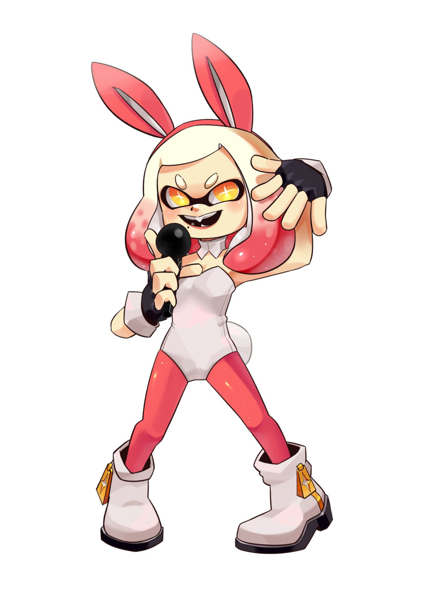 +_+ 1girl :d animal_ears arm_up black_gloves blonde_hair blush boots bunny_ears bunny_tail bunnysuit commentary detached_collar domino_mask english_commentary fake_animal_ears fake_tail fiinel fingerless_gloves flat_chest full_body gloves gradient_hair hairband highres hime_(splatoon) holding holding_microphone legs_apart leotard mask medium_hair microphone mole mole_under_mouth multicolored multicolored_eyes multicolored_hair open_mouth orange_eyes pantyhose pigeon-toed pink_hair pink_hairband pink_legwear platinum_blonde_hair pose simple_background smile solo splatoon splatoon_(series) splatoon_2 standing strapless strapless_leotard symbol-shaped_pupils tail teeth tentacle_hair two-tone_hair v-shaped_eyebrows white_background white_footwear white_leotard yellow_eyes