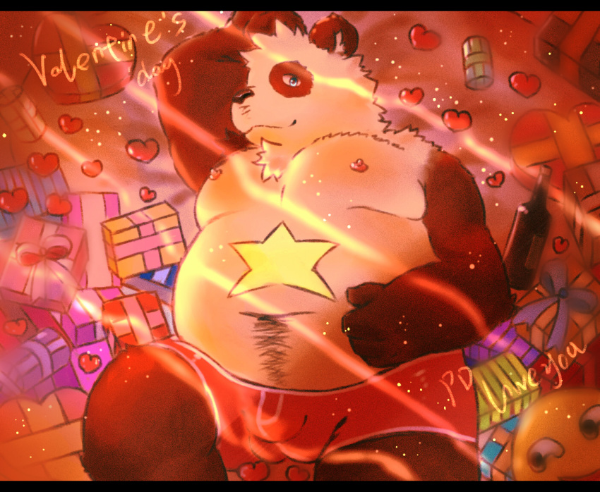 &lt;3 2017 anthro bearp_(artist) belly blue_eyes bulge clothing english_text giant_panda holidays humanoid_hands lying male mammal moobs navel nipples overweight overweight_male solo text underwear ursid valentine's_day