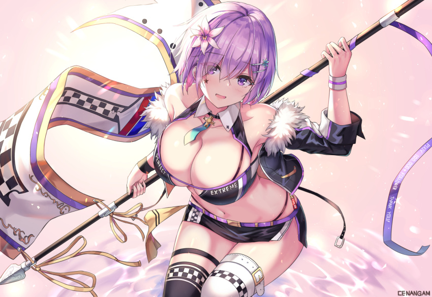 1girl :d artist_name bare_shoulders black_jacket black_legwear black_panties black_skirt blush breasts cenangam cleavage collarbone commentary_request cowboy_shot crop_top cropped_jacket detached_collar facial_mark fate/grand_order fate_(series) flag fur_collar hair_between_eyes hair_over_one_eye hand_up highleg highleg_panties holding jacket large_breasts leg_belt long_sleeves looking_at_viewer mash_kyrielight midriff miniskirt mismatched_legwear navel necktie off_shoulder open_clothes open_jacket open_mouth panties purple_eyes purple_hair race_queen short_hair short_necktie side_slit skirt smile solo standing star stomach thigh_strap thighhighs thighs underwear white_legwear wristband