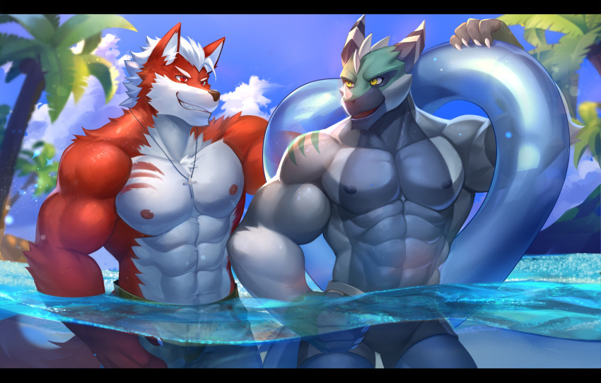 2019 abs absurd_res anthro biceps black_nose canid canine canis clothing digital_media_(artwork) dragon fur fuwayuuko hair hi_res kemono male mammal muscular muscular_male outside pecs seaside sky summer swimwear water wings wolf zenith_(amorous)