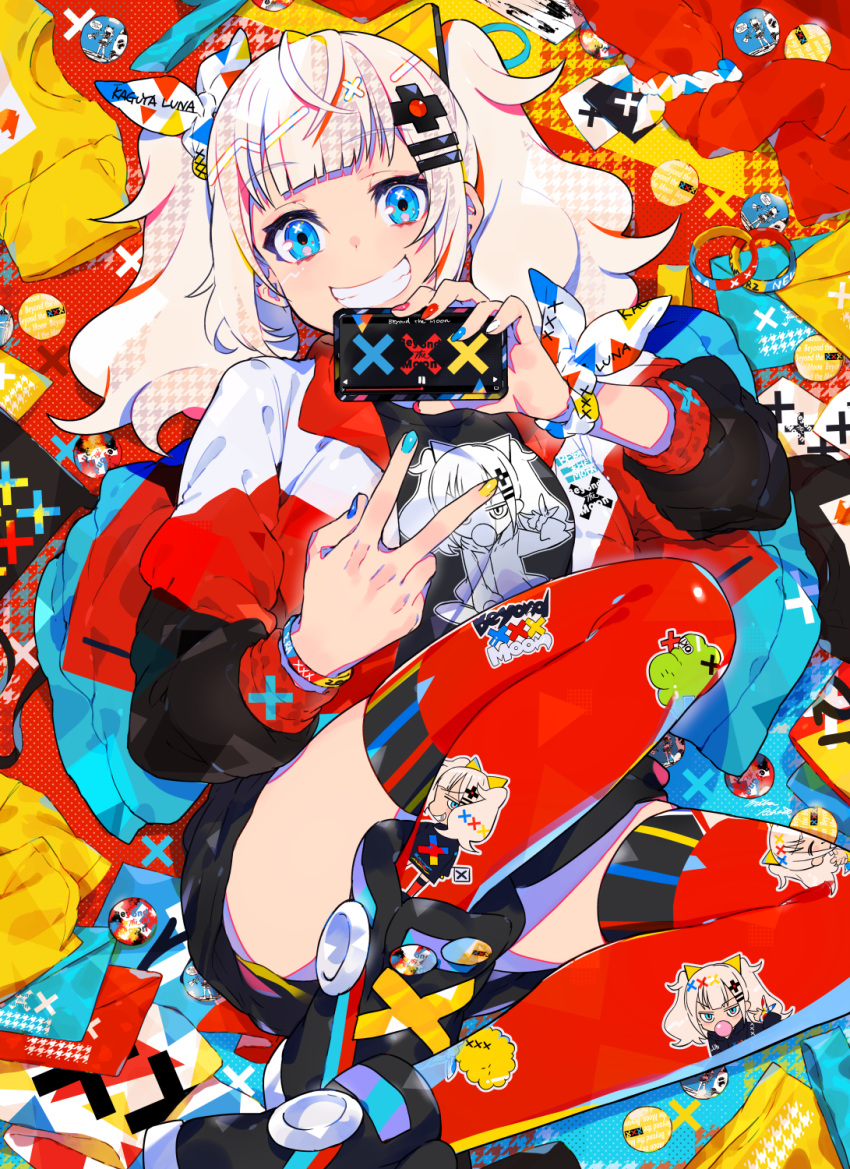 1girl bangs black_footwear black_skirt blue_eyes blue_nails blush boots cellphone character_name commentary_request eyebrows_visible_through_hair fingernails grin hair_ornament hair_ribbon hairclip highres holding holding_cellphone holding_phone kaguya_luna long_sleeves looking_at_viewer lying mika_pikazo multicolored multicolored_nails nail_polish on_back phone puffy_long_sleeves puffy_sleeves red_legwear red_nails ribbon shirt skirt smile solo the_moon_studio thighhighs thighhighs_under_boots twintails v white_hair white_nails white_ribbon white_shirt yellow_nails